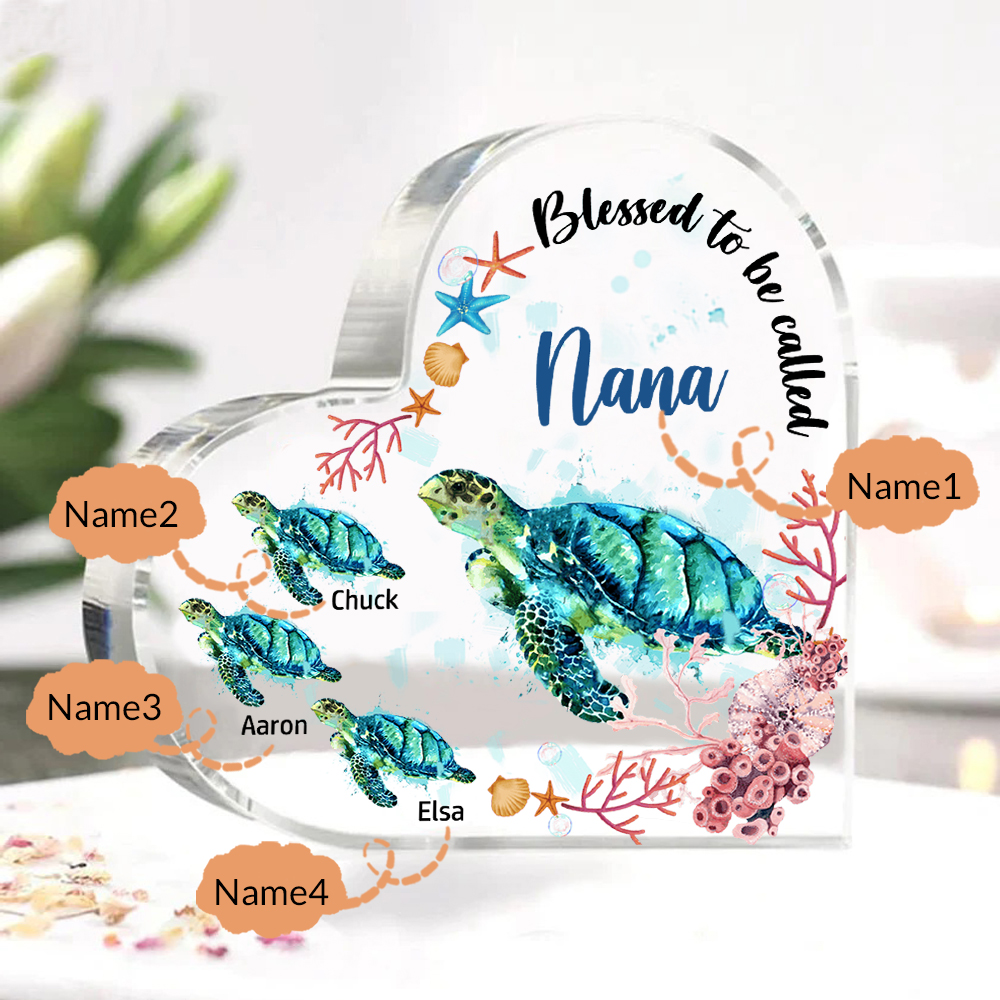 Personalised Acrylic Heart Keepsake Custom 4 Names Sea Turtles Ornament Gifts for Mom/Grandma-Jessemade AU