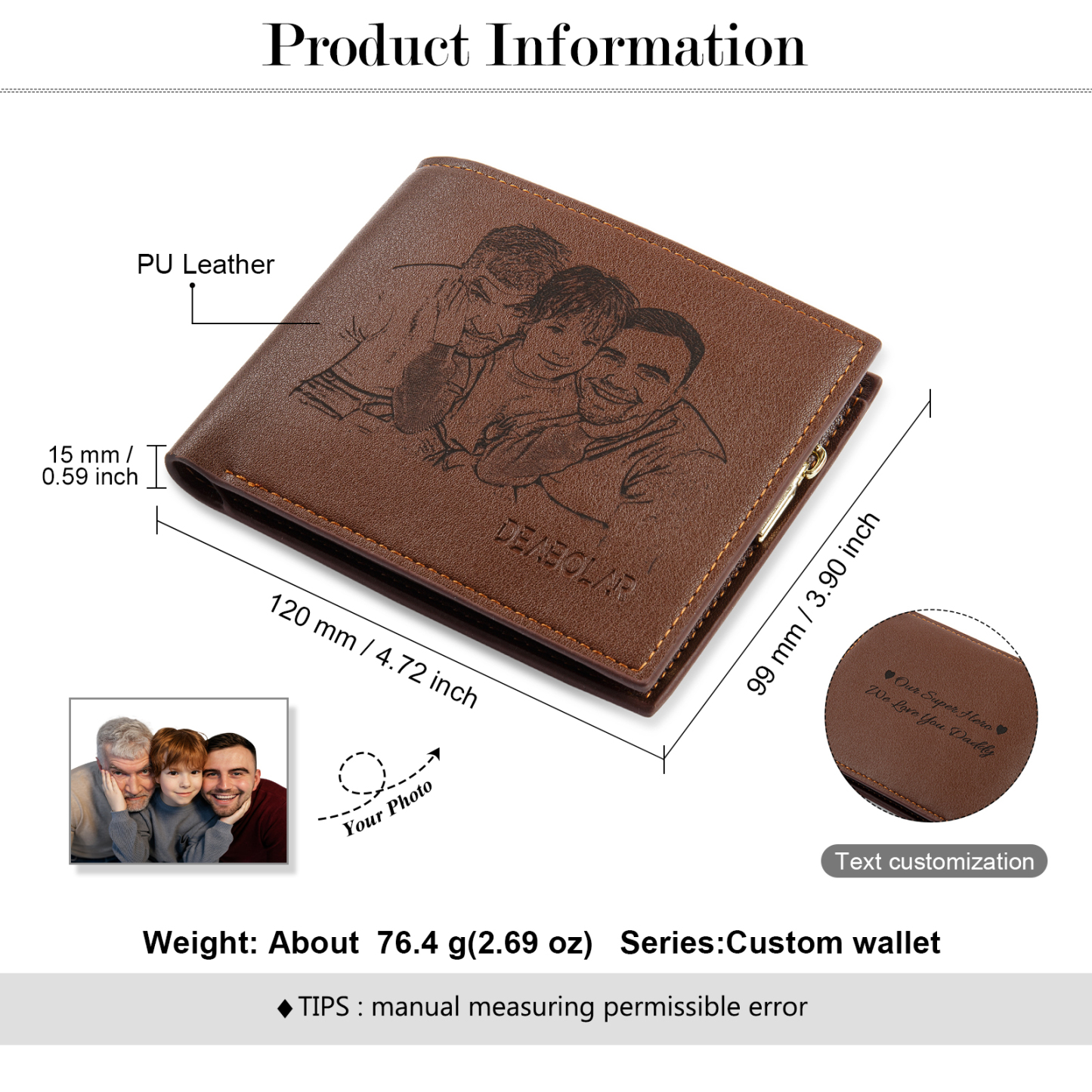 Brown Personalised Leather Wallet Engraved Photo Short Purse Gifts For Men-Jessemade AU