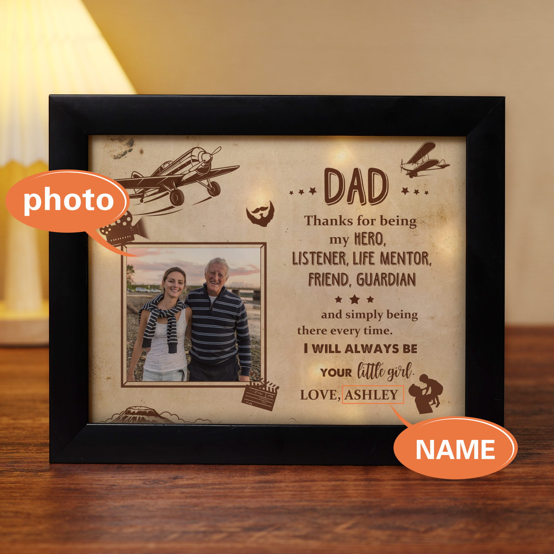 Personalised Father Photo Frames With Light Custom Photos Home Decor Gifts-Thanks for being my HERO-Jessemade AU