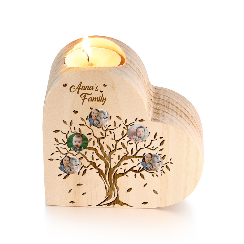 Family Photo Wooden Heart Candle Holder Custom 5 Photos Family Tree Candlesticks-Jessemade AU