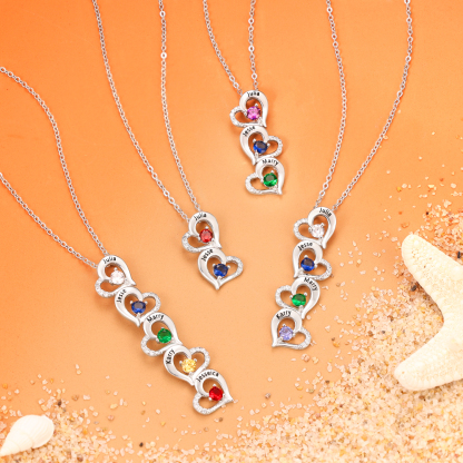 Personalised Heart Necklace With 4 Birthstones Engraved Names Gift For Her-Jessemade AU