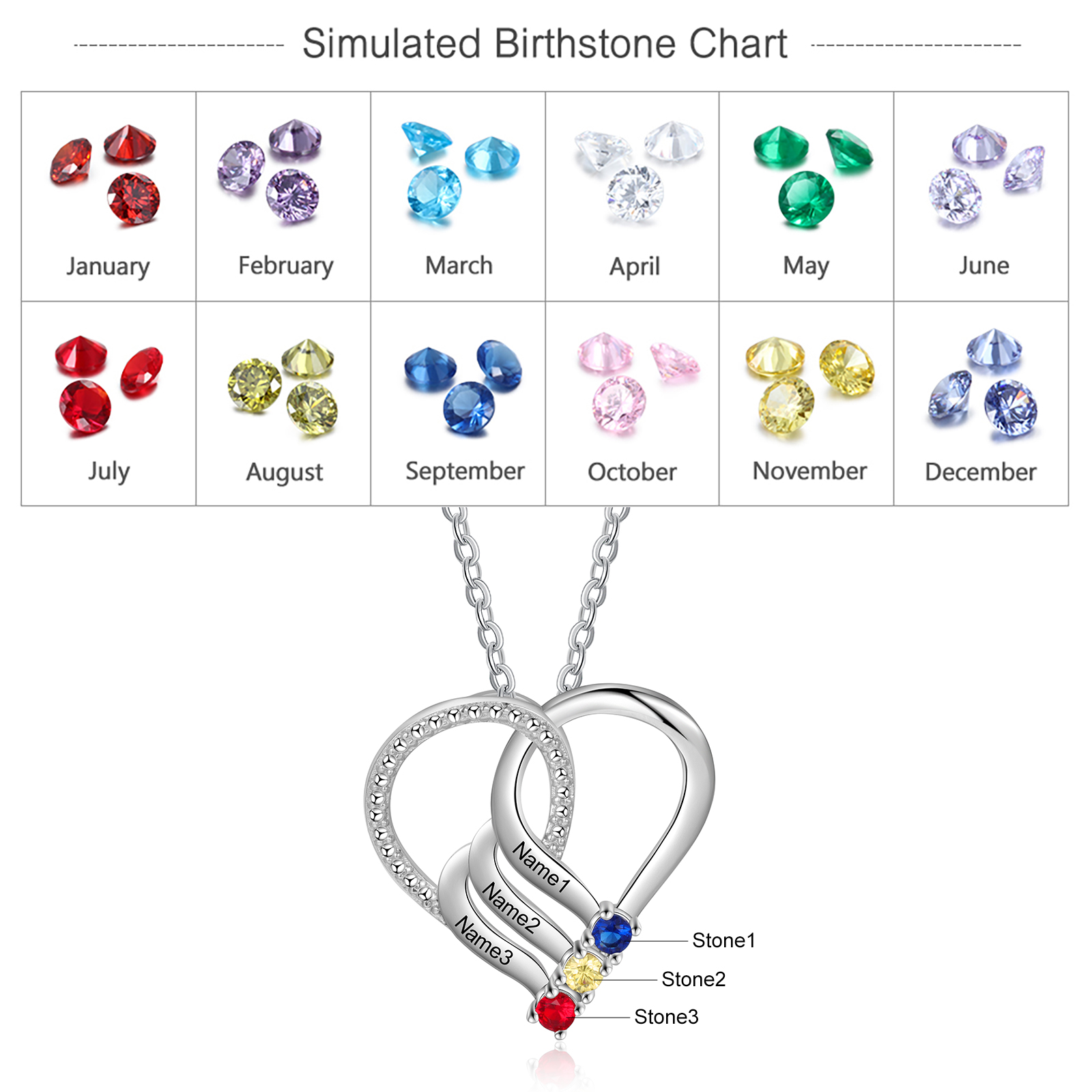 Personalised Heart Necklace With 3 Birthstones Engraved Names Gift For Her-Jessemade AU