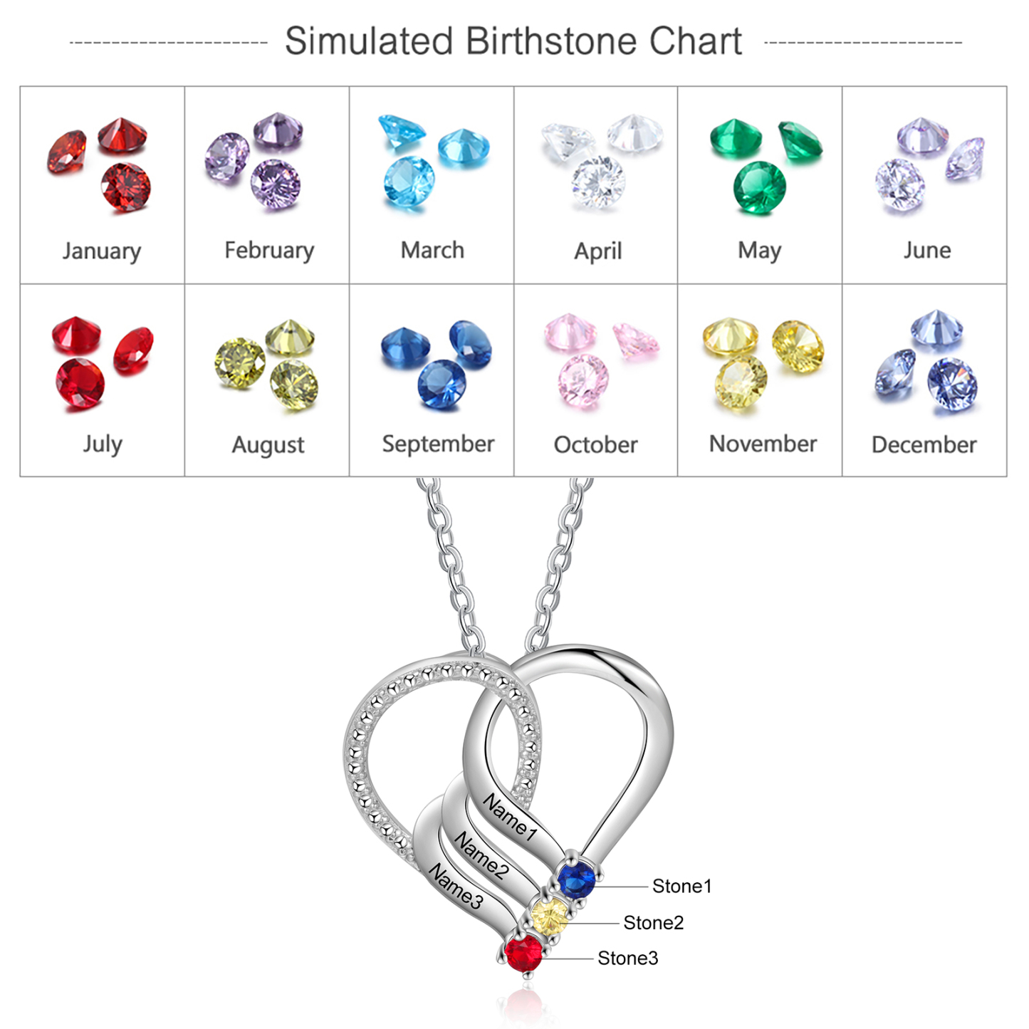 Personalised Heart Necklace With 3 Birthstones Engraved Names Gift For Her-Jessemade AU