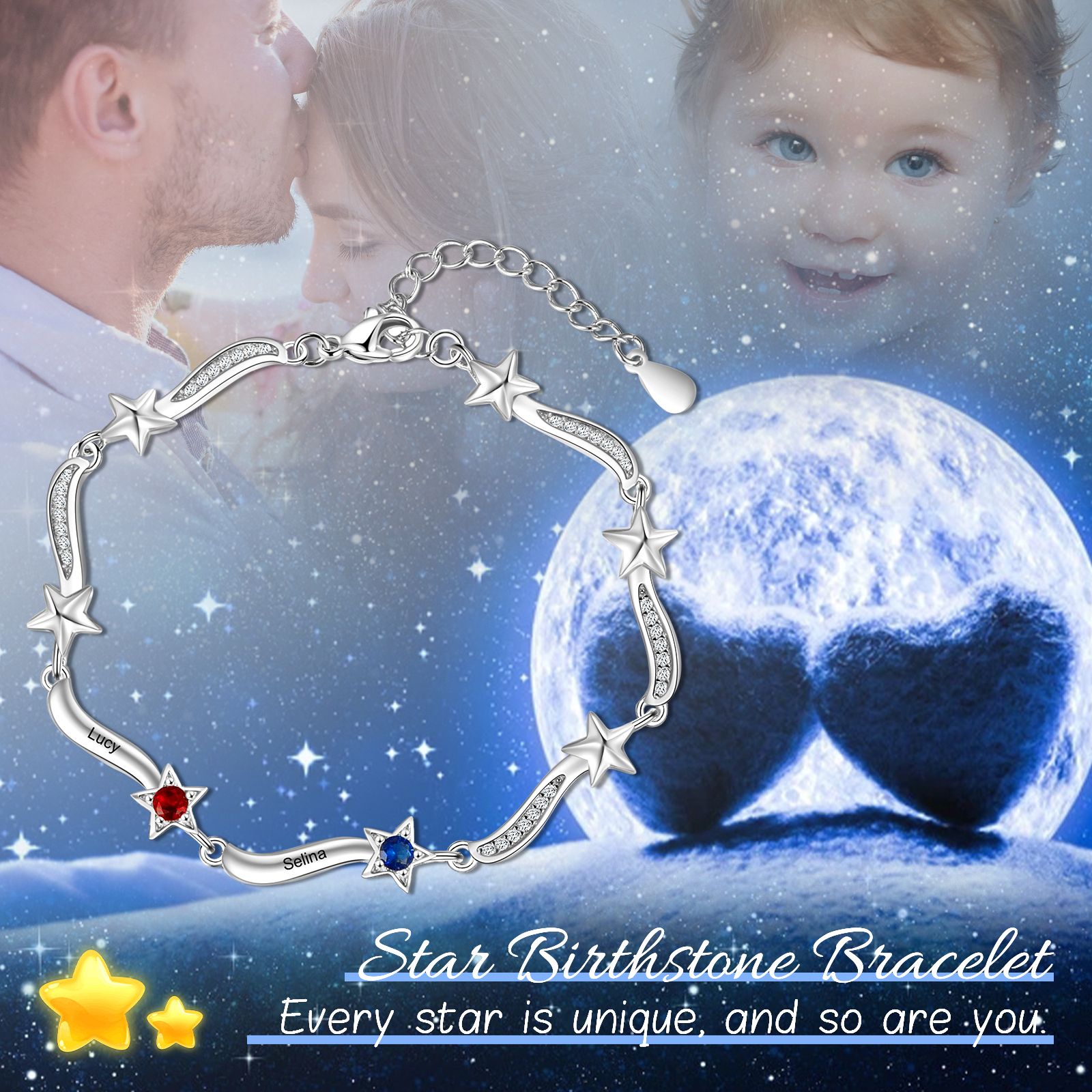 Personalised Star Bracelet With 2 Birthstones Custom Names Bracelet Gift For Women-Jessemade AU