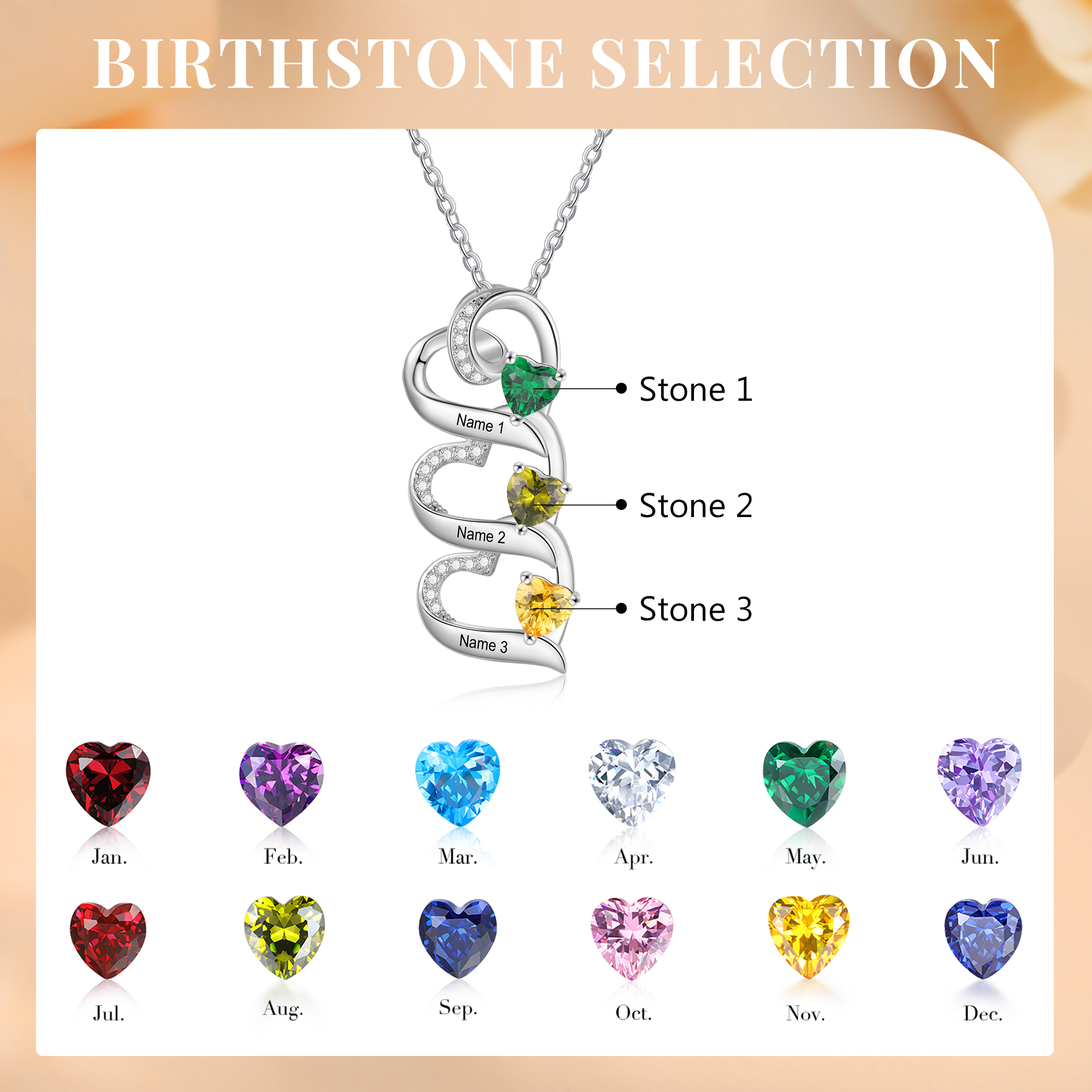 Personalised S925 Silver Heart Necklace Custom 3 Birthstones and Names Gift for Her