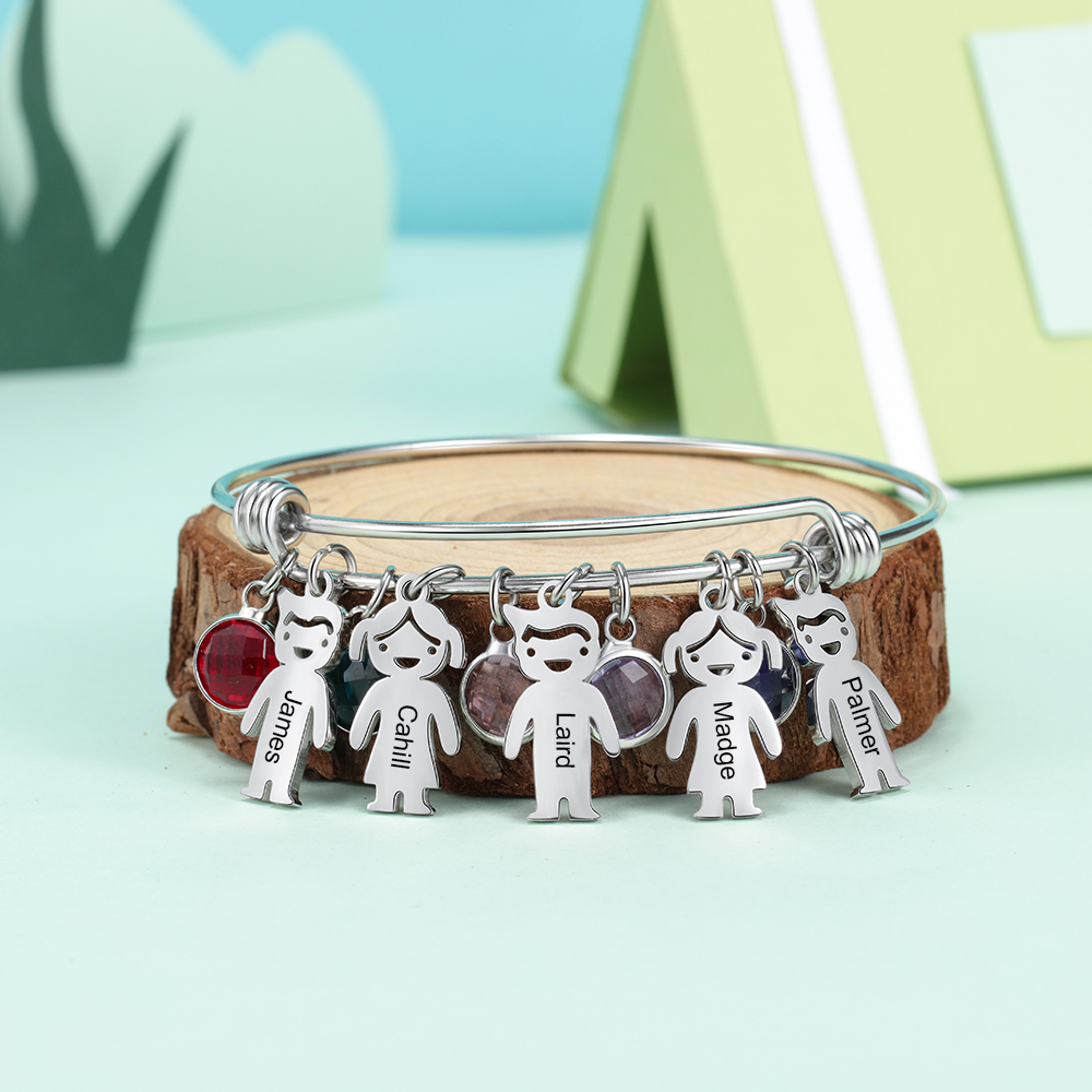 Personalised Kid Charms Bangle Bracelet With Names Customised 5 Birthstones Gift for Her-Jessemade AU