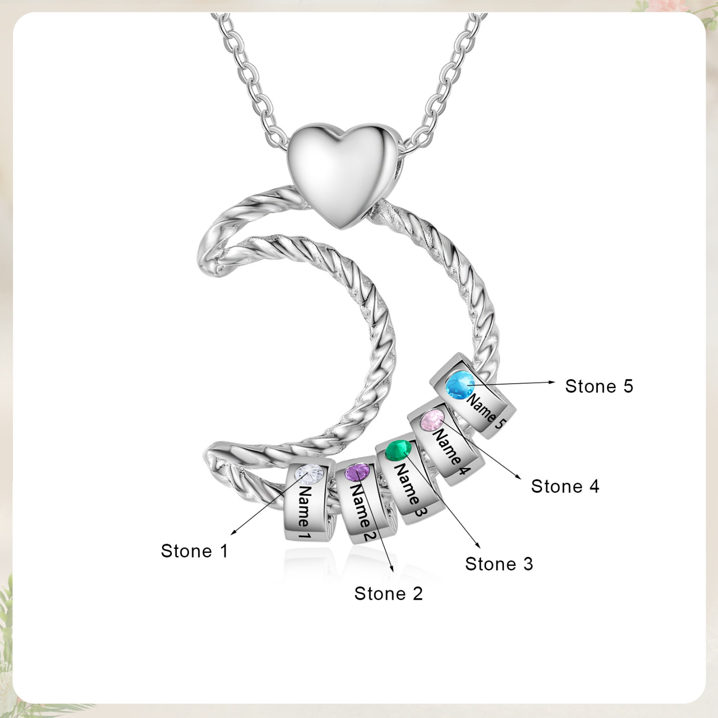 5 Names - Personalised Moon Pendant Necklace Custom Birthstones & Names Necklace Gift for Her-Jessemade AU