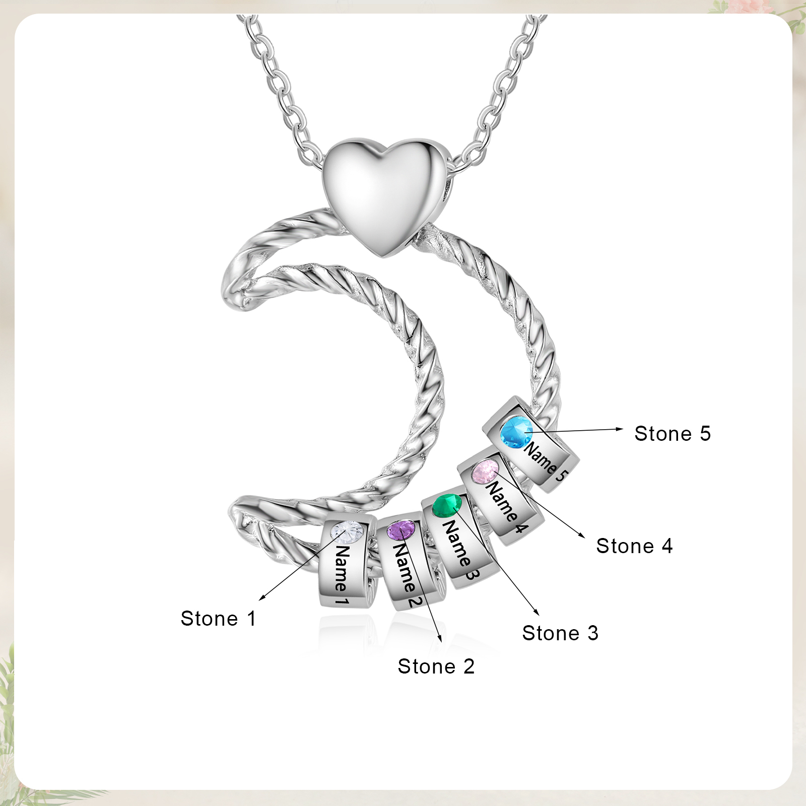 5 Names - Personalised Moon Pendant Necklace Custom Birthstones & Names Necklace Gift for Her-Jessemade AU