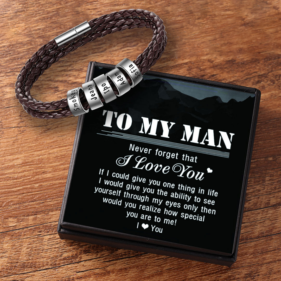 Leather Braided Bracelet Men Bracelets Personalised 5 Names 5 Beads Gifts For Dad-Jessemade AU