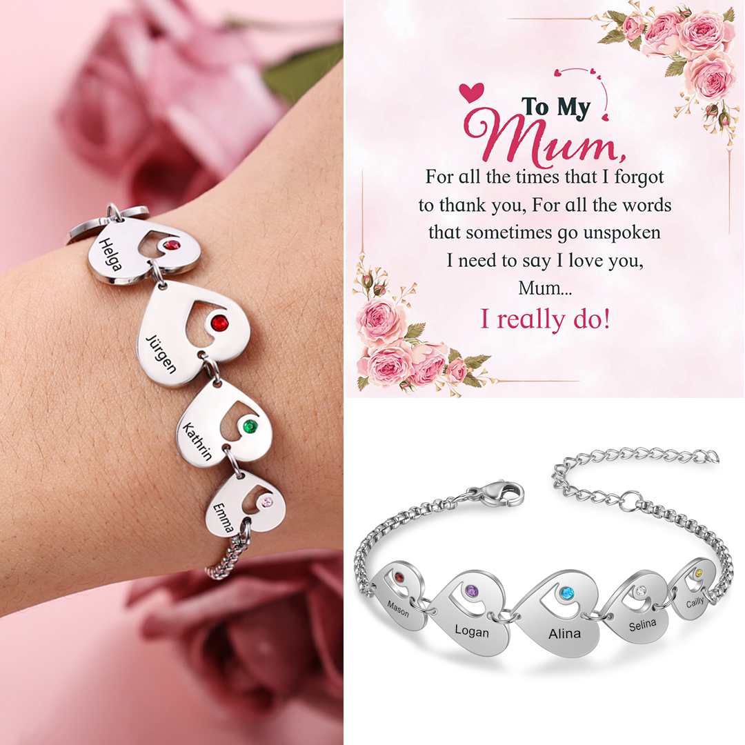 5 Names - Personalised Heart Bracelet Custom Names & Birthstones Family Bracelet Gifts for Her-Jessemade AU