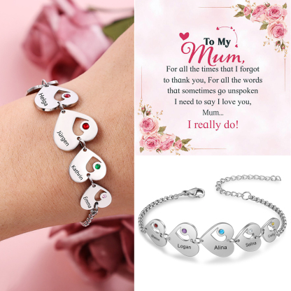 5 Names - Personalised Heart Bracelet Custom Names & Birthstones Family Bracelet Gifts for Her-Jessemade AU