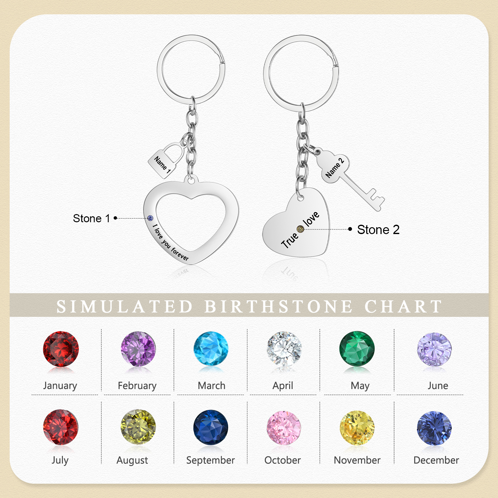 Personalised Couple Keychain Set Customised with 2 Names & 2 Birthstones Keychain Heart Matching Gift-Jessemade AU