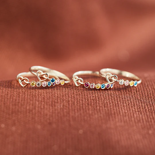 Family Ring Personalised 4 Birthstones Heart Knot Ring Band-Jessemade AU