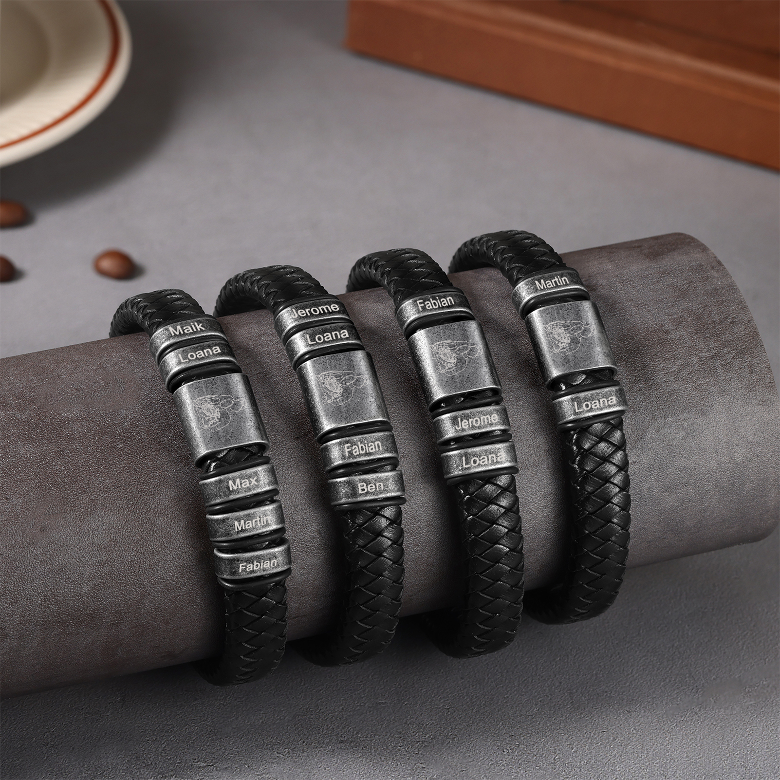 3 Names - Personalised Men's Leather Braided Bracelet Custom Name & Photo Bracelet Vintage Gift for Him-Jessemade AU