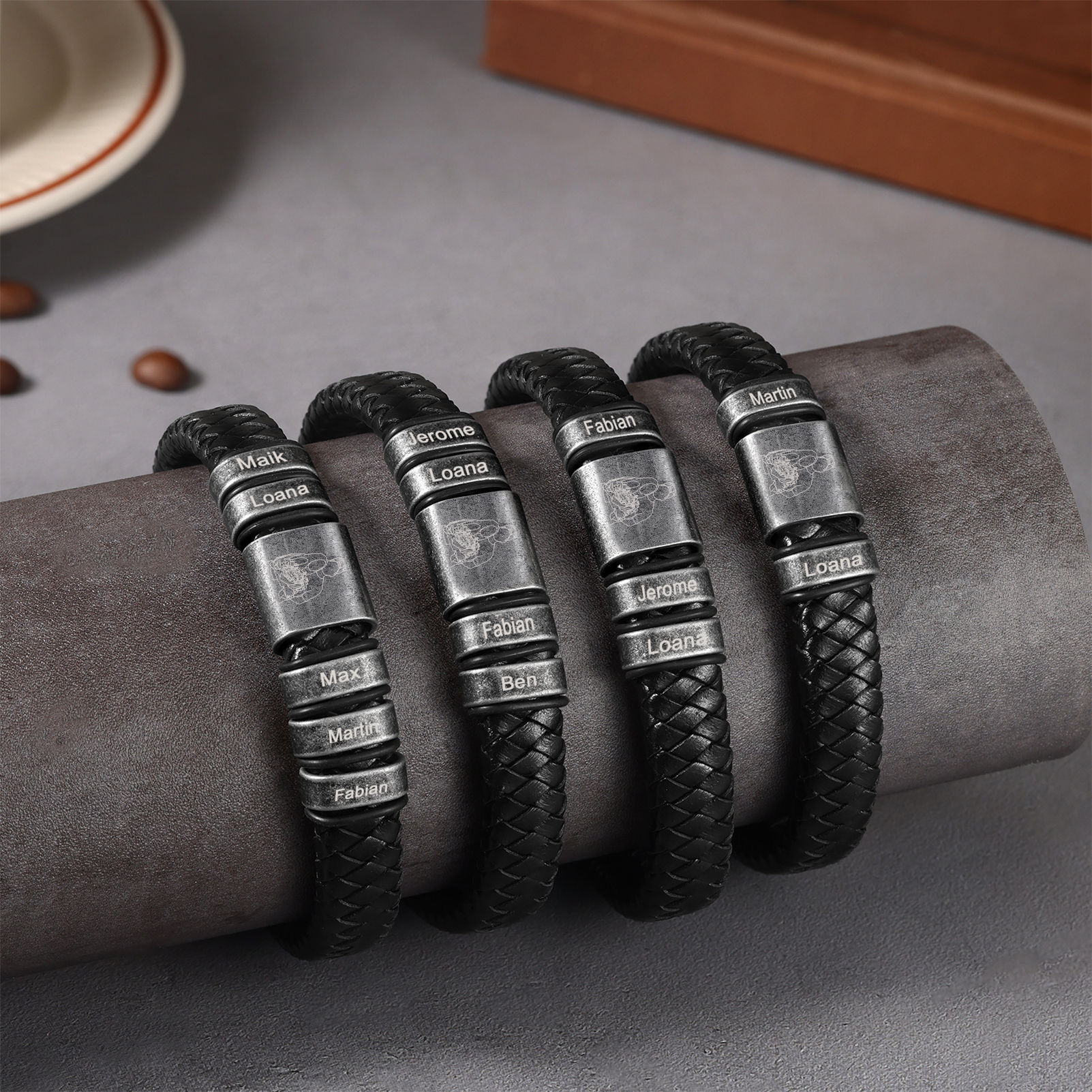 3 Names - Personalised Men's Leather Braided Bracelet Custom Name & Photo Bracelet Vintage Gift for Him-Jessemade AU