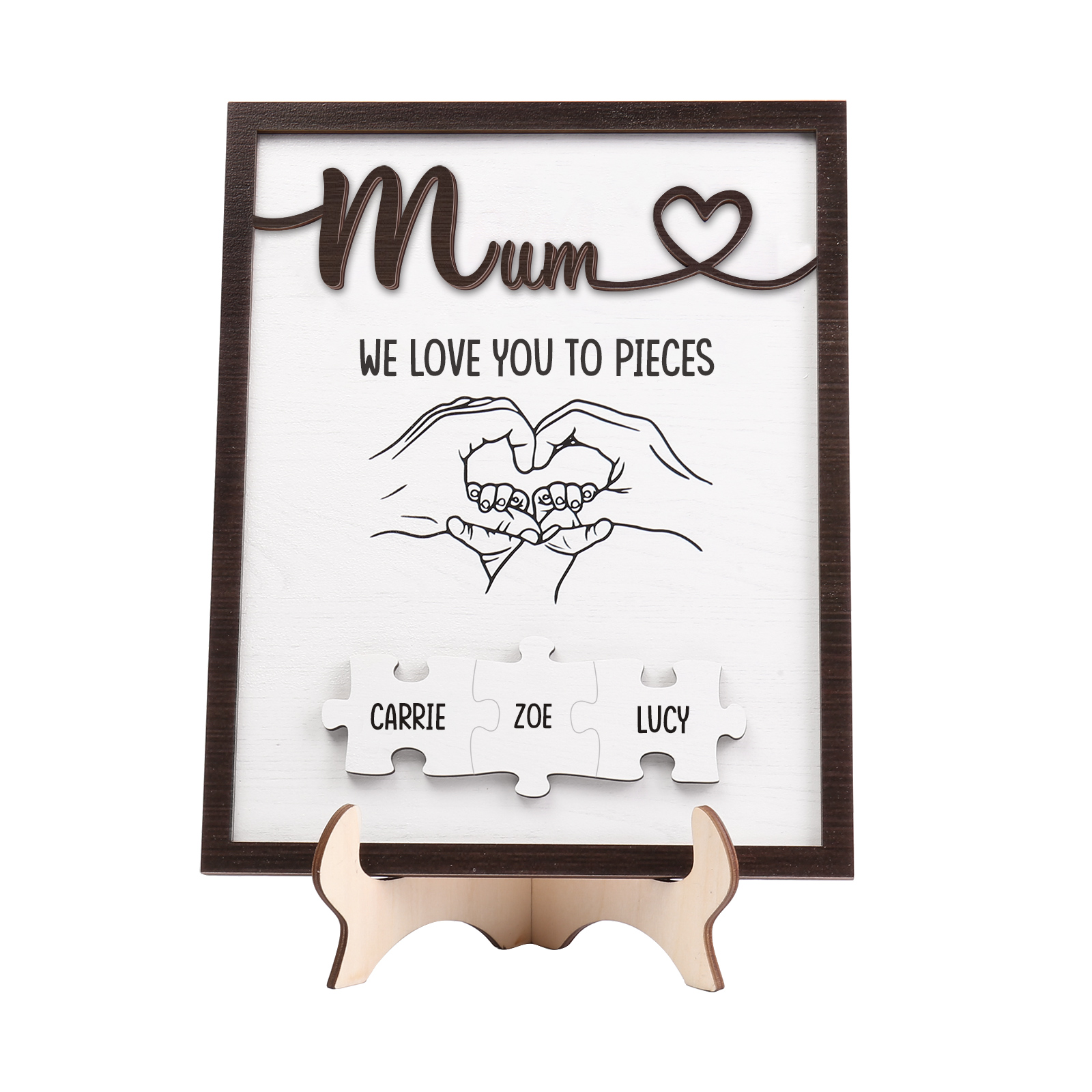 Personalised Puzzle Pieces Wooden Plaque Custom 3 Names & Text & Salutation Holding Hands Family Wooden Sign With Stand Gifts for Mum-Jessemade AU