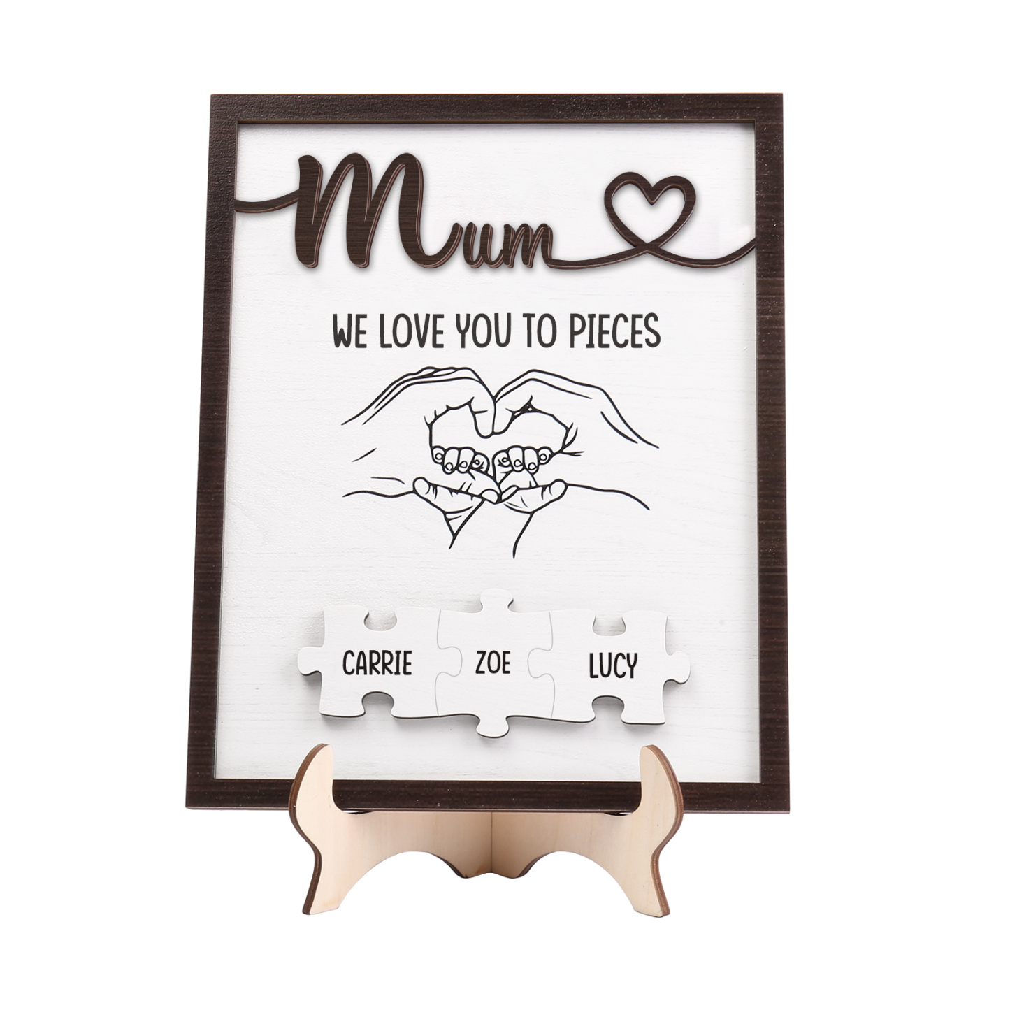 Personalised Puzzle Pieces Wooden Plaque Custom 3 Names & Text & Salutation Holding Hands Family Wooden Sign With Stand Gifts for Mum-Jessemade AU