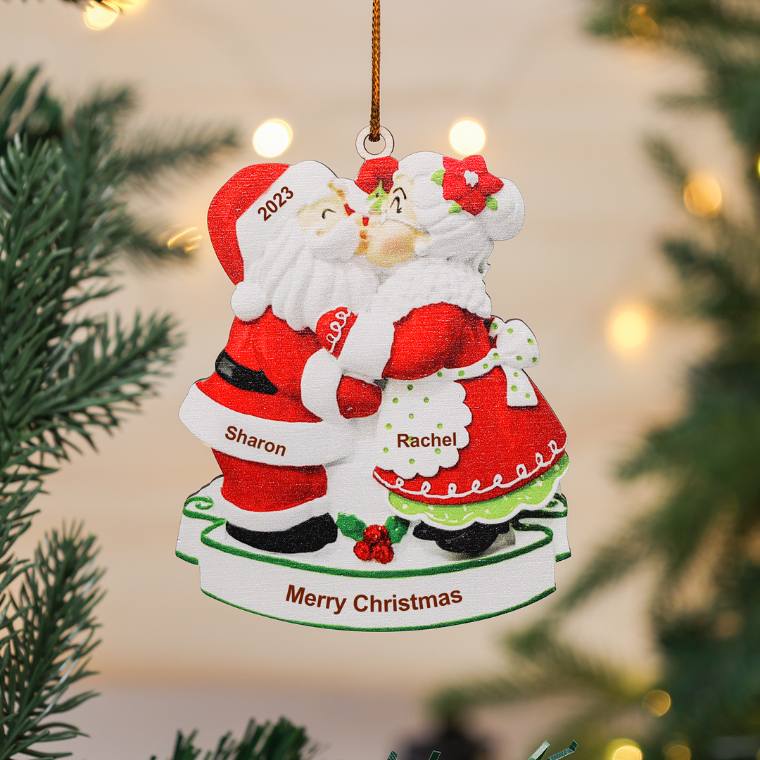 2 Names - Personalised Santa Claus Ornament Customised Text & Year & Name Wooden Hanging Ornament Couple Gift-Jessemade AU