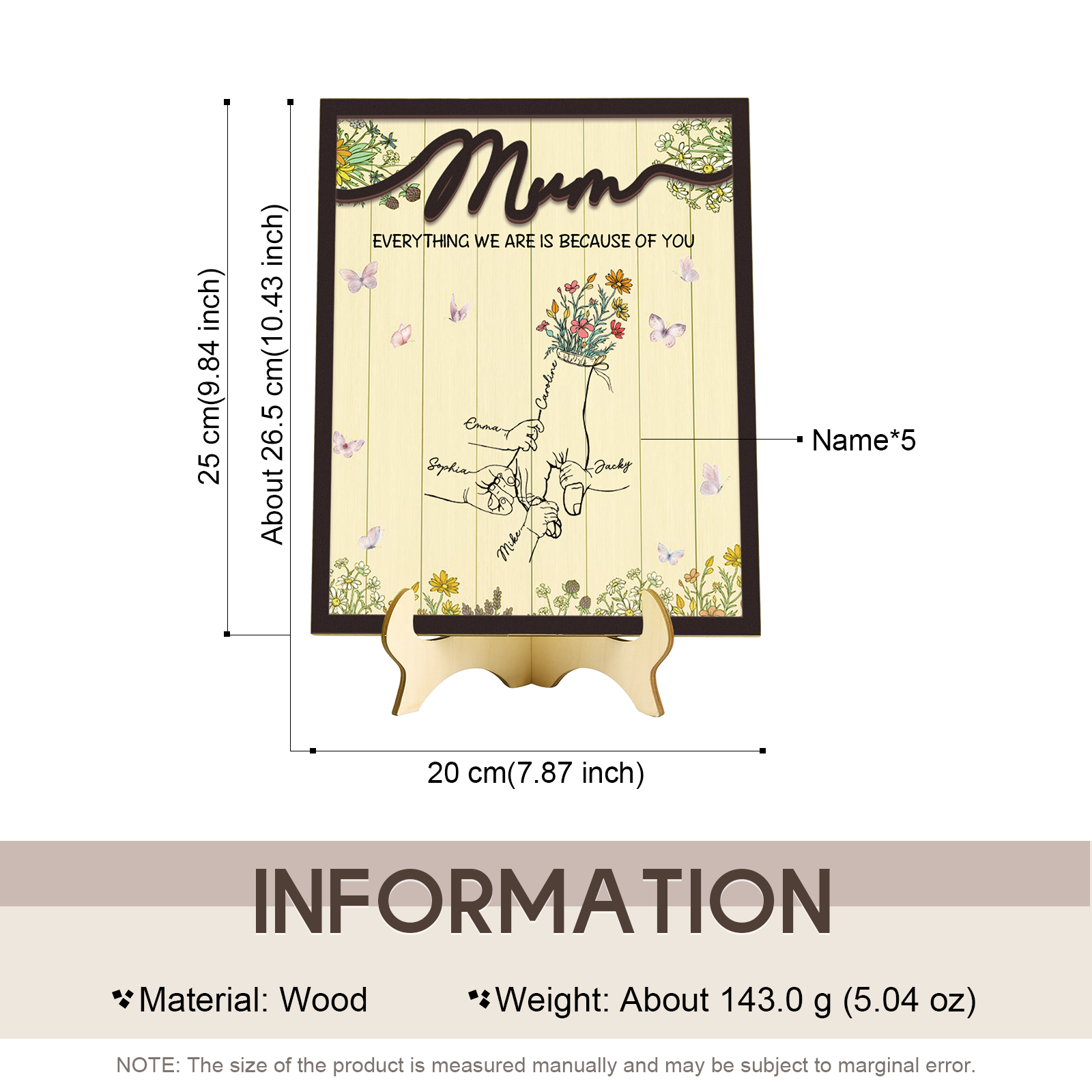 Personalised 5 Names Wooden Plaque Holding Mum's Hand Desktop Decoration With Stand - EVERYTHING WE ARE IS BECAUSE OF YOU-Jessemade AU