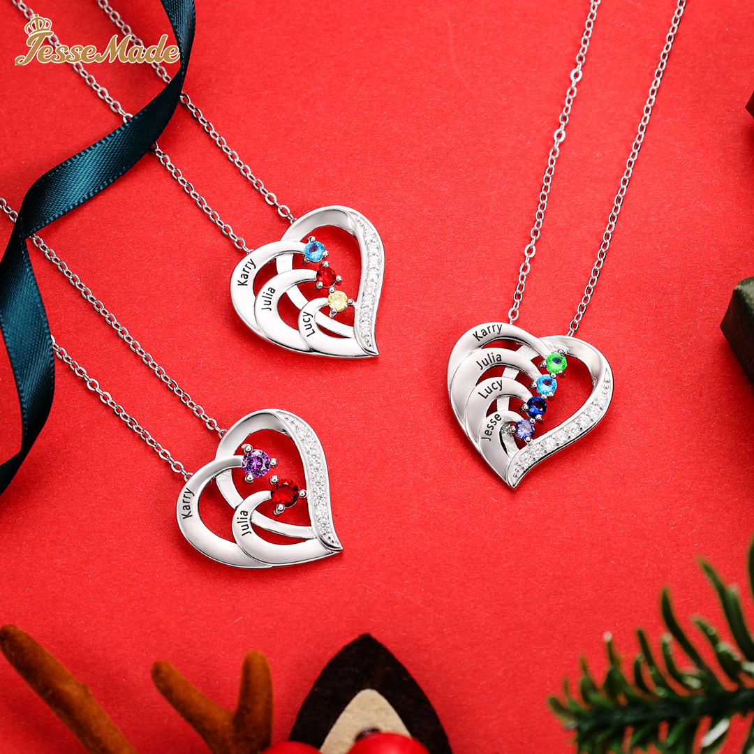 Personalised Mother Necklace 2 Stones Engraved 2 Names Birthstone Intertwined Heart Pendant Gifts for Her-Jessemade AU