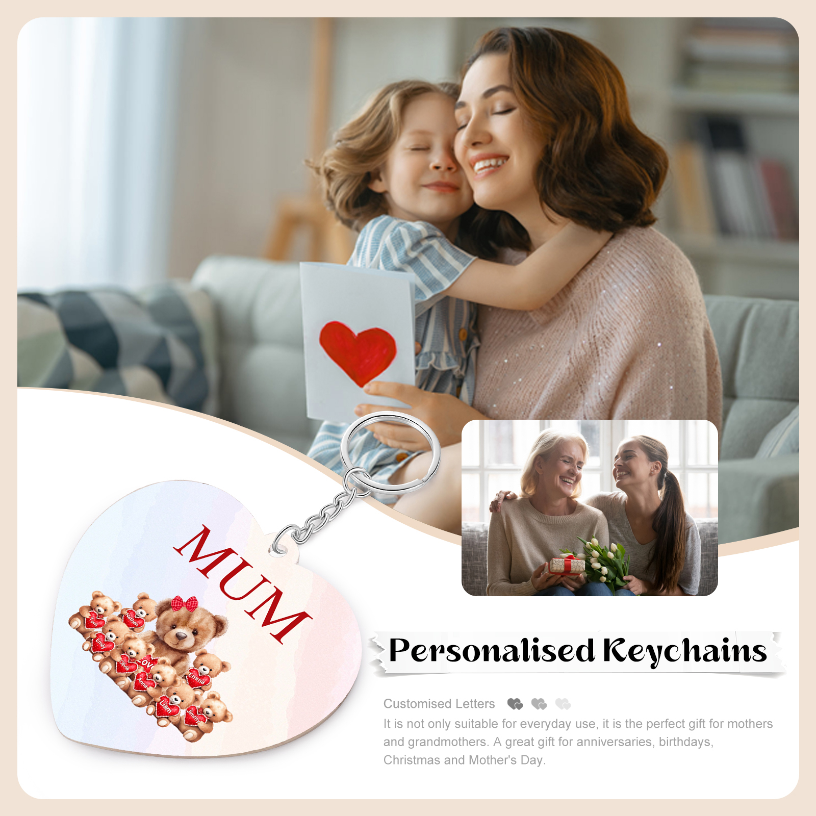 8 Names - Personalised Acrylic Keychain Custom 1 Text Teddy Bears Family Hanging Ornaments Gift for Mum/Grandma-Jessemade AU