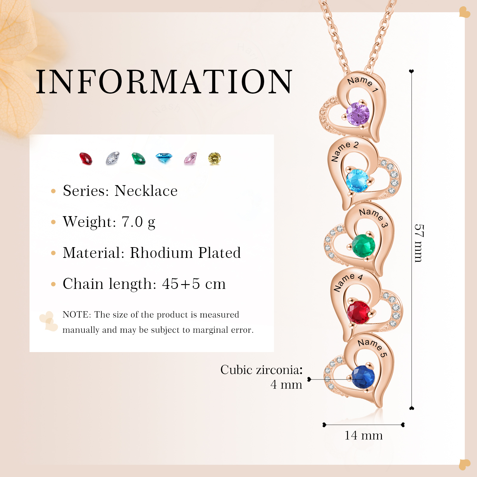 5 Names - Personalised Heart Pendant Necklace Custom Birthstones & Names Necklace Birthday Gift for Her-Jessemade AU