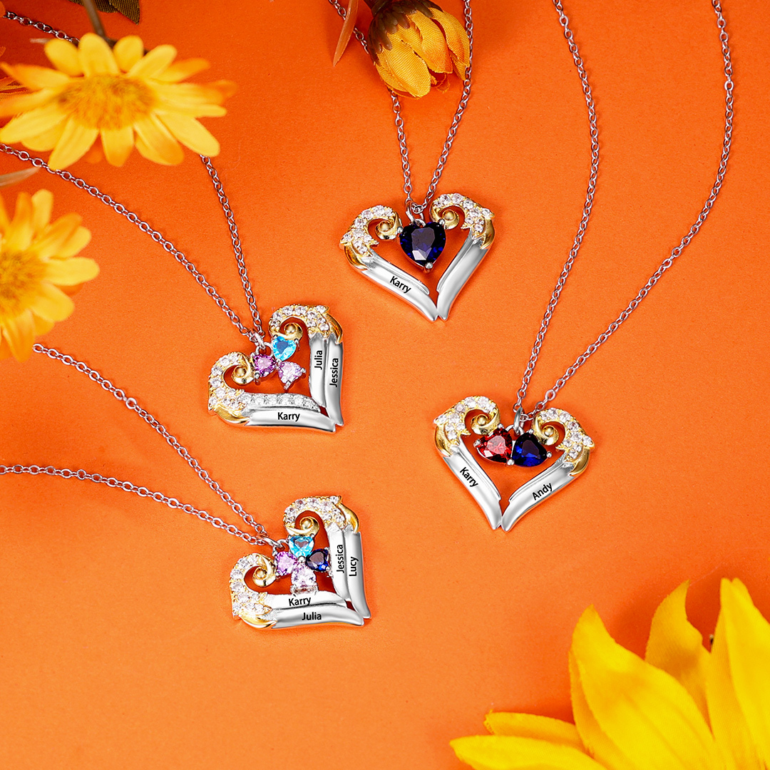 Personalised Heart Wings Necklace With 2 Birthstones Engraved Names Best Gift For Her-Jessemade AU