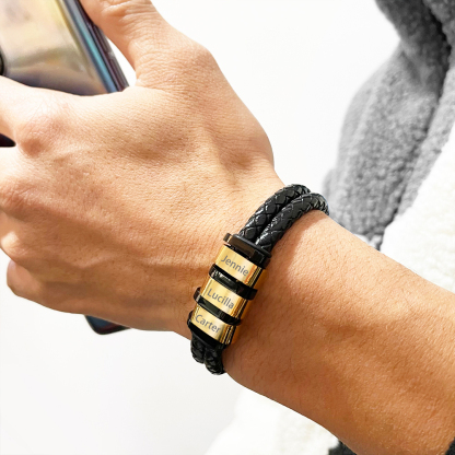 Personalised Braided Leather Bracelet Engraved 3 Names Men's Bracelet Gifts For Him-Jessemade AU