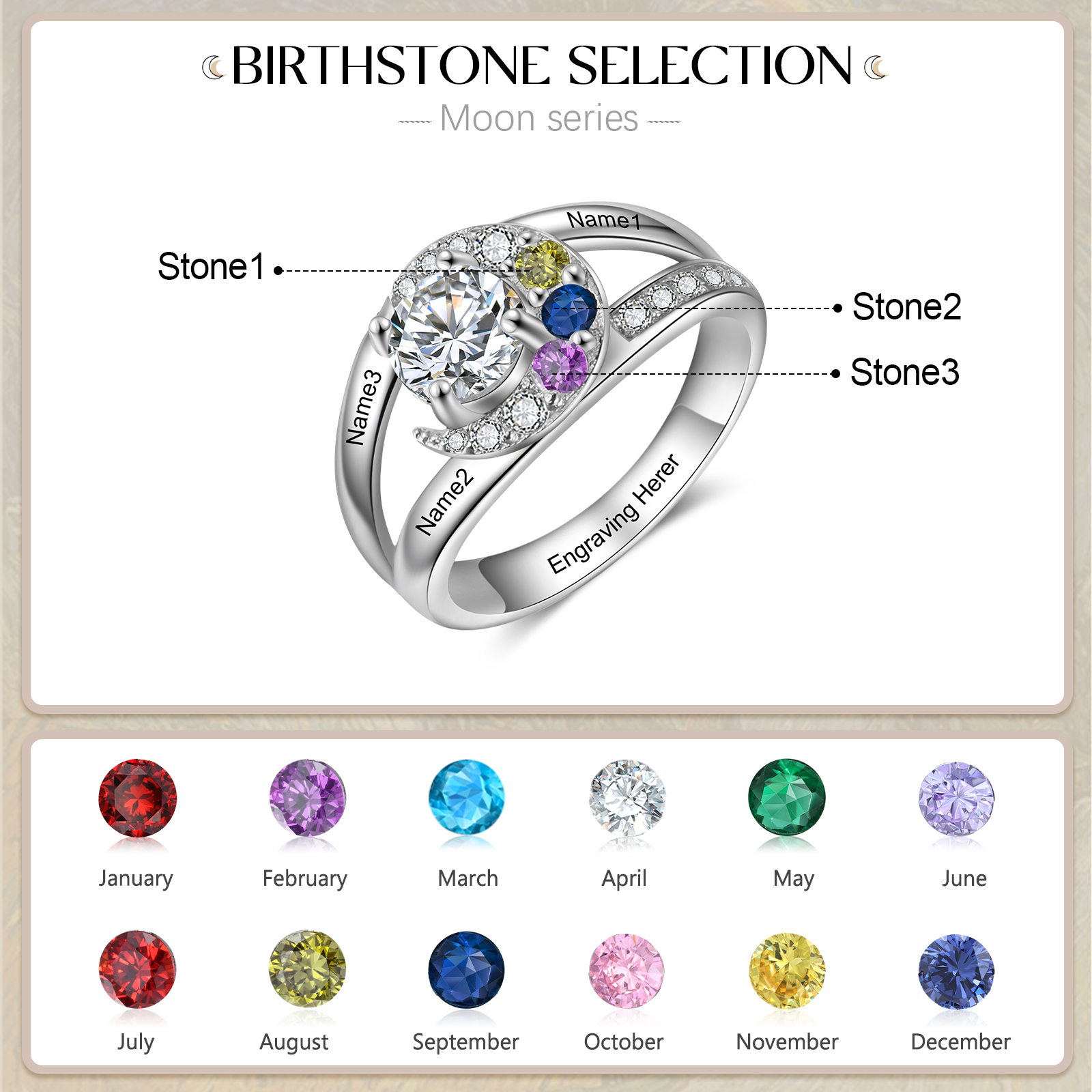 Personalised Moon Star Ring With 3 Birthstones Custom Names Best Gift For Women-Jessemade AU