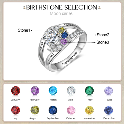 Personalised Moon Star Ring With 3 Birthstones Custom Names Best Gift For Women-Jessemade AU