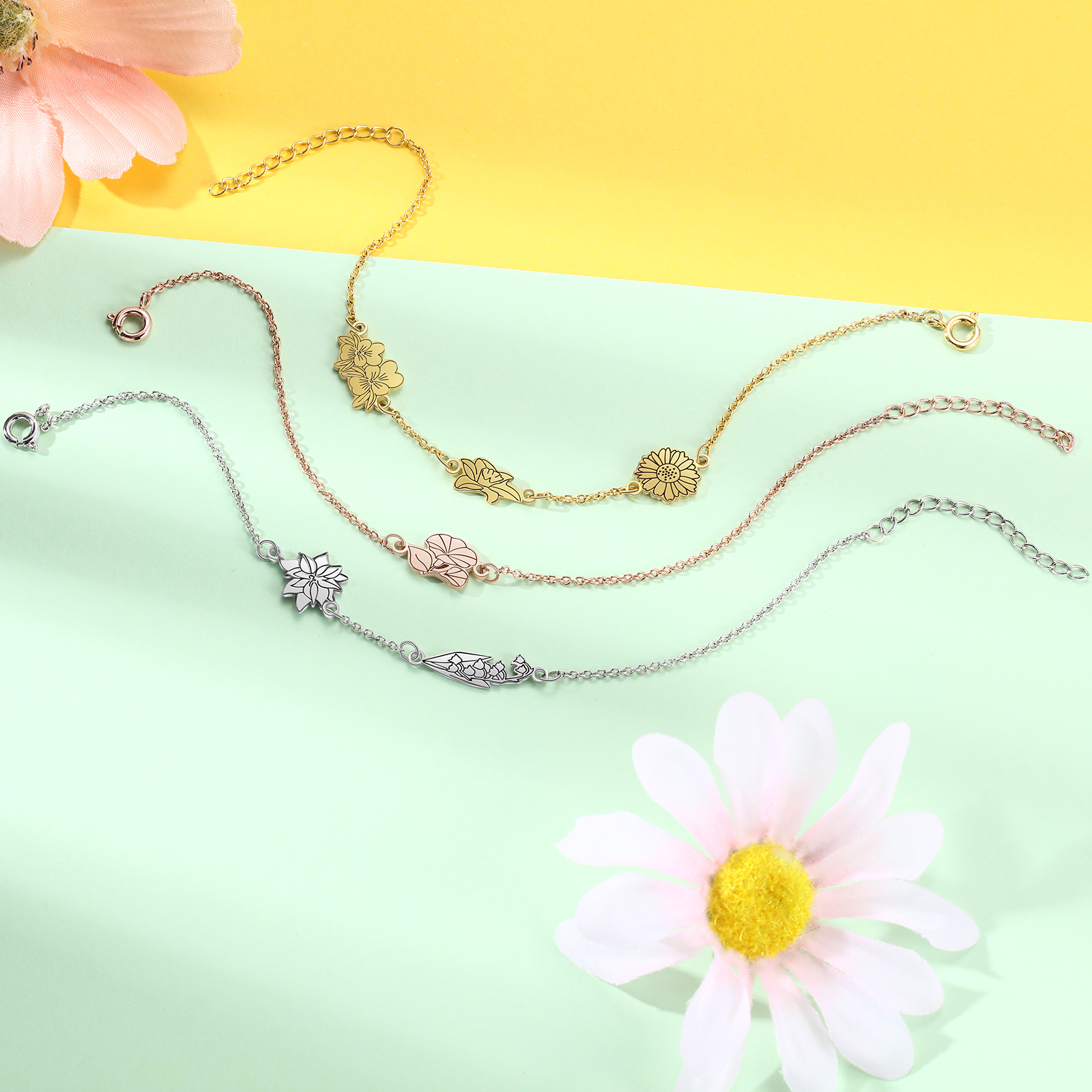Personalised 3 Birth Flowers Elegant Woman's Bracelet-Jessemade AU