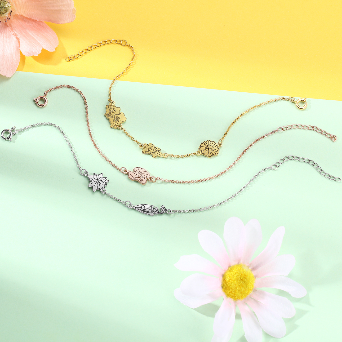 Personalised 3 Birth Flowers Elegant Woman's Bracelet-Jessemade AU