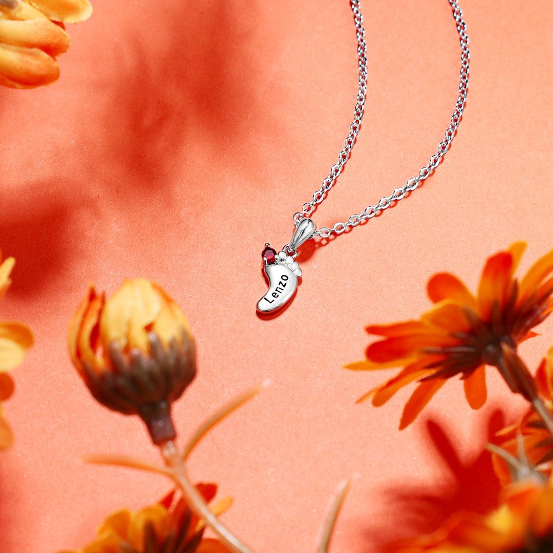 Personalised Baby Feet Necklace With 2 Birthstones Engraved Names Gift For Mother-Jessemade AU