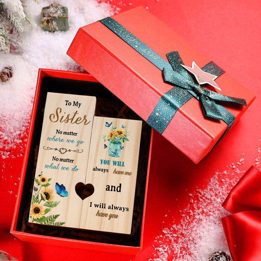 To My Sister Sunflowers Heart Candle Holder "I will always have you" Wooden Candlestick Gifts-Jessemade AU