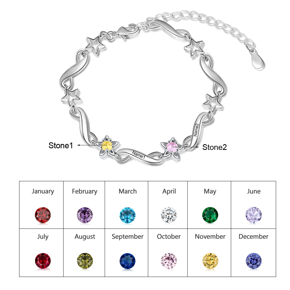 Personalised Star Bracelet With 2 Birthstones Engraved Names Bracelet Gift For Women-Jessemade AU