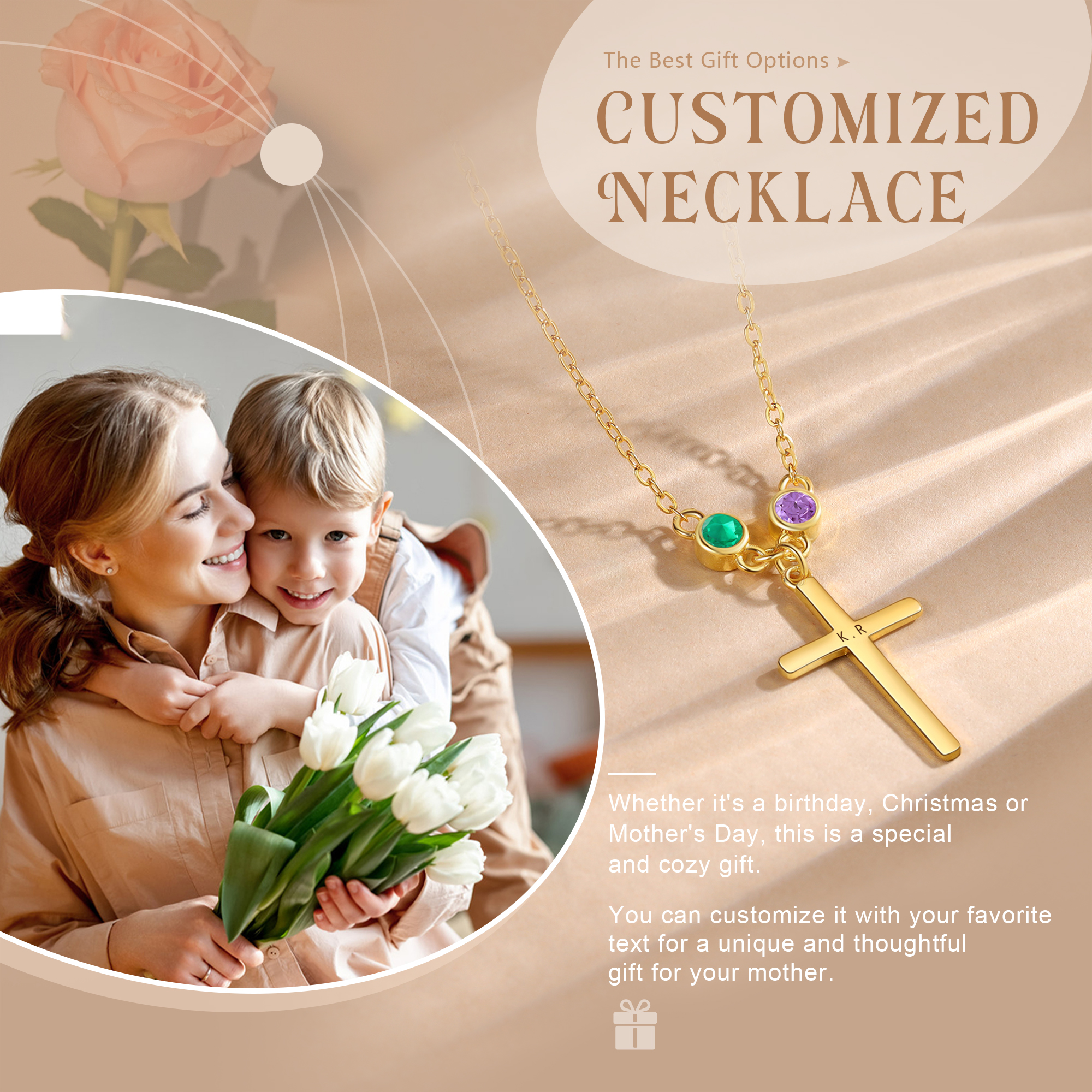 Personalised Cross Pendant Necklace Custom 2 Birthstones & 1 Text Necklace Birthday Gift for Her-Jessemade AU