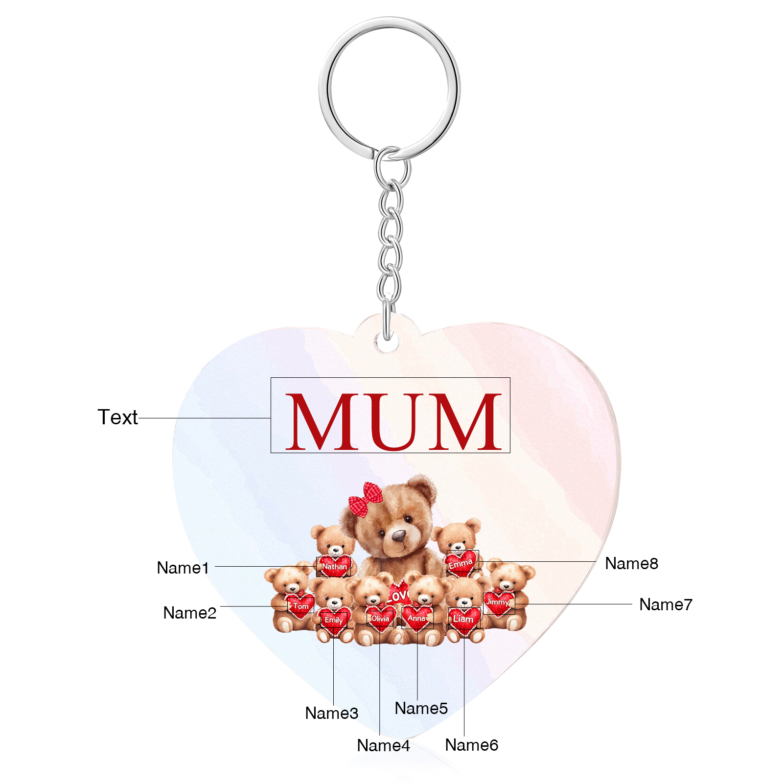 8 Names - Personalised Acrylic Keychain Custom 1 Text Teddy Bears Family Hanging Ornaments Gift for Mum/Grandma-Jessemade AU