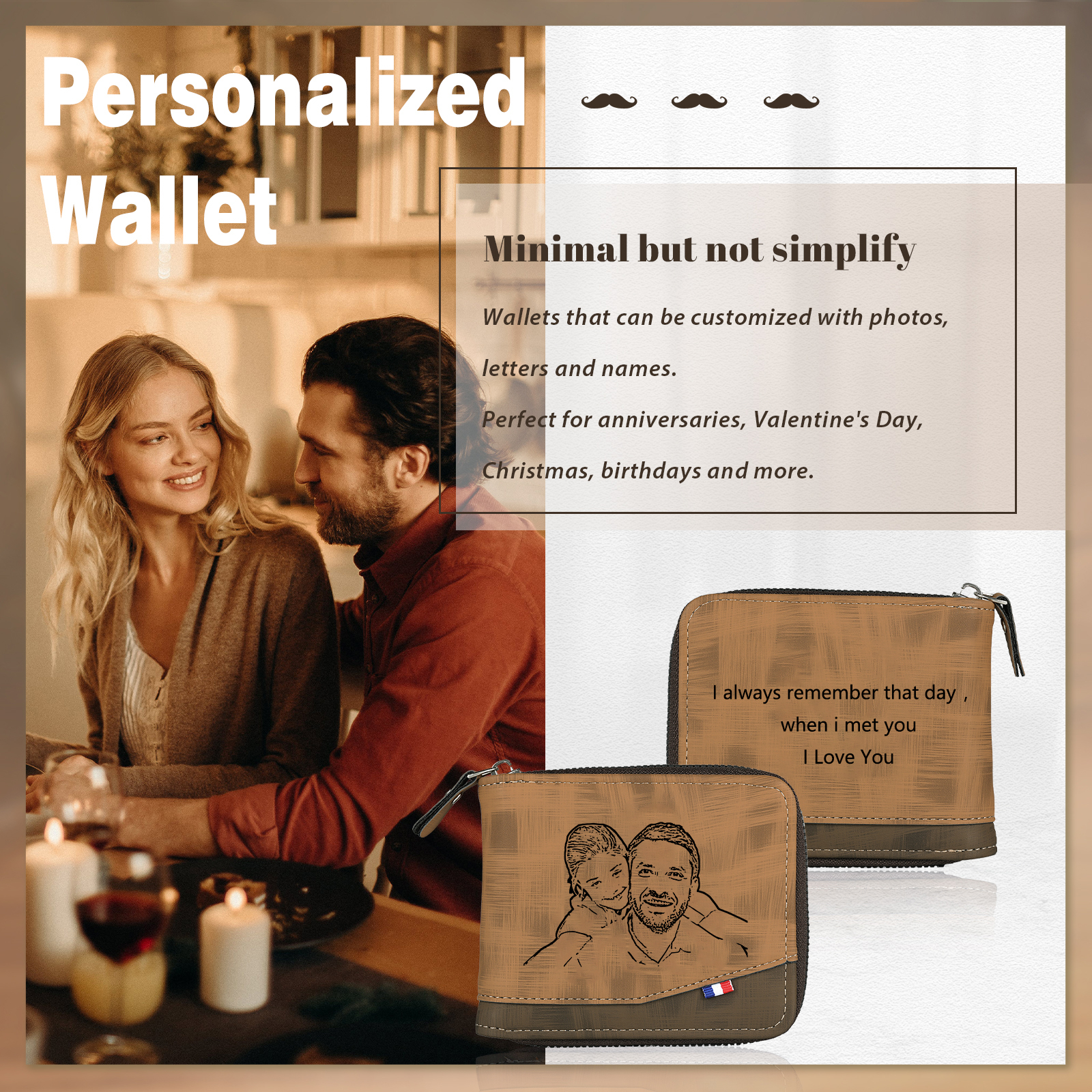 Personalised Photo & Text Billfold Wallet Custom Men's Leather Wallet Zipper Gifts for Him Brown-Jessemade AU