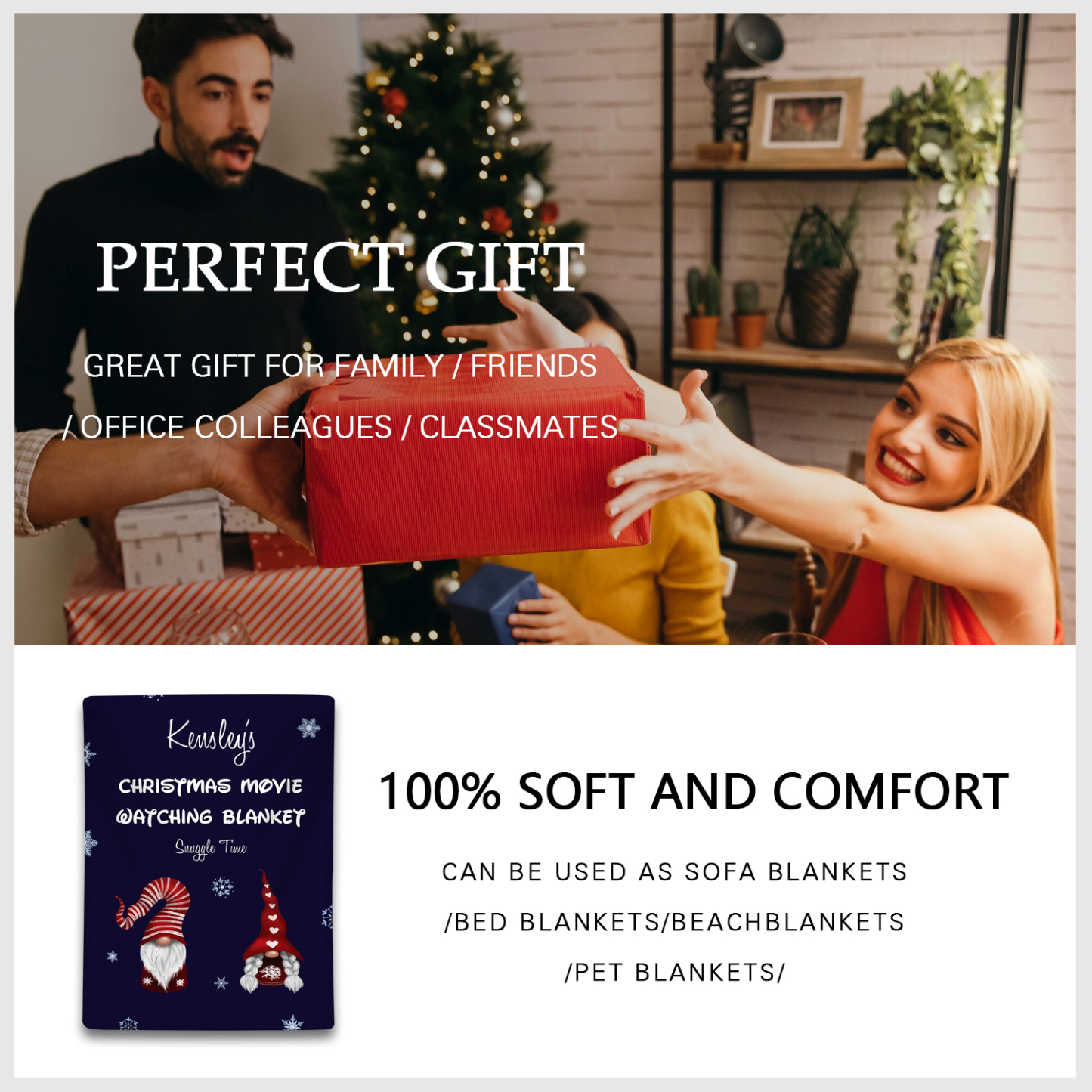 Personalised Christmas Movie Blanket Custom 1 Name Blanket Christmas Gift for Family Friends - Christmas Movie Watching Blanket-Jessemade AU