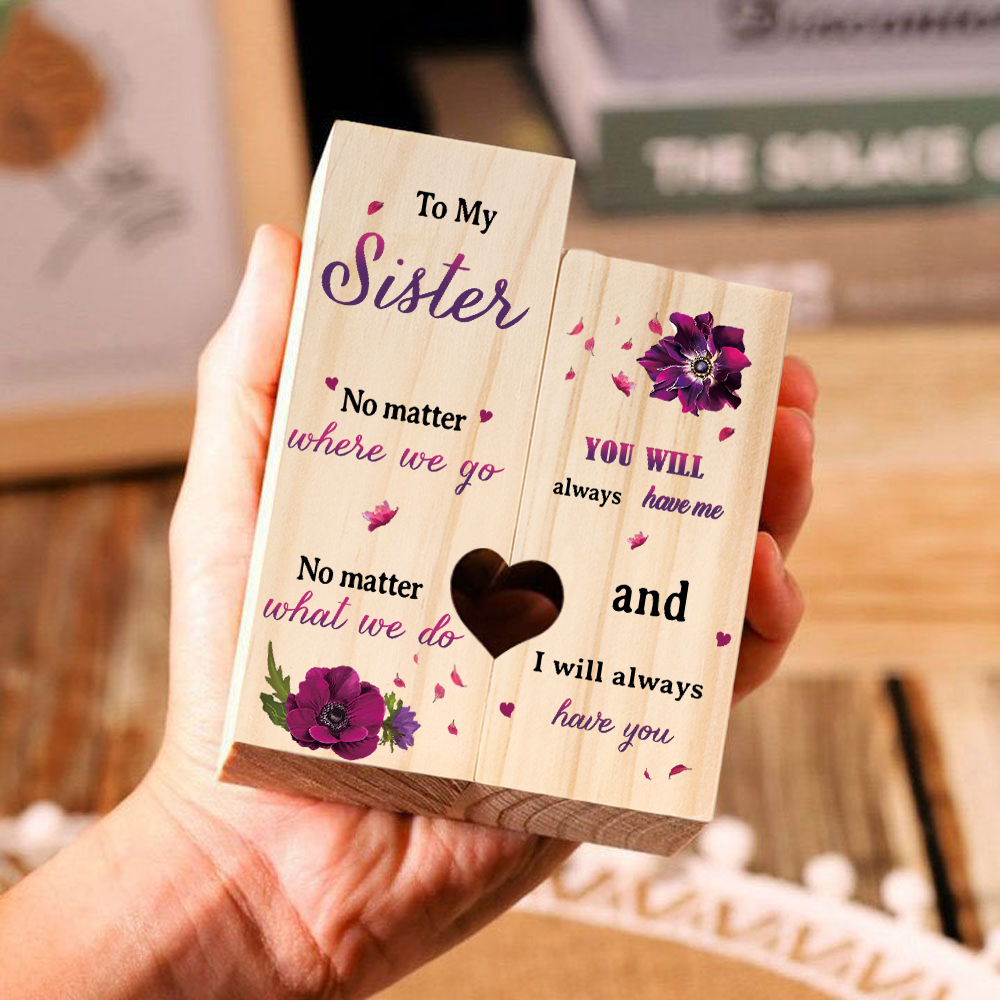 To My Sister Violet Flowers Heart Candle Holder "I will always have you" Wooden Candlestick Gifts-Jessemade AU