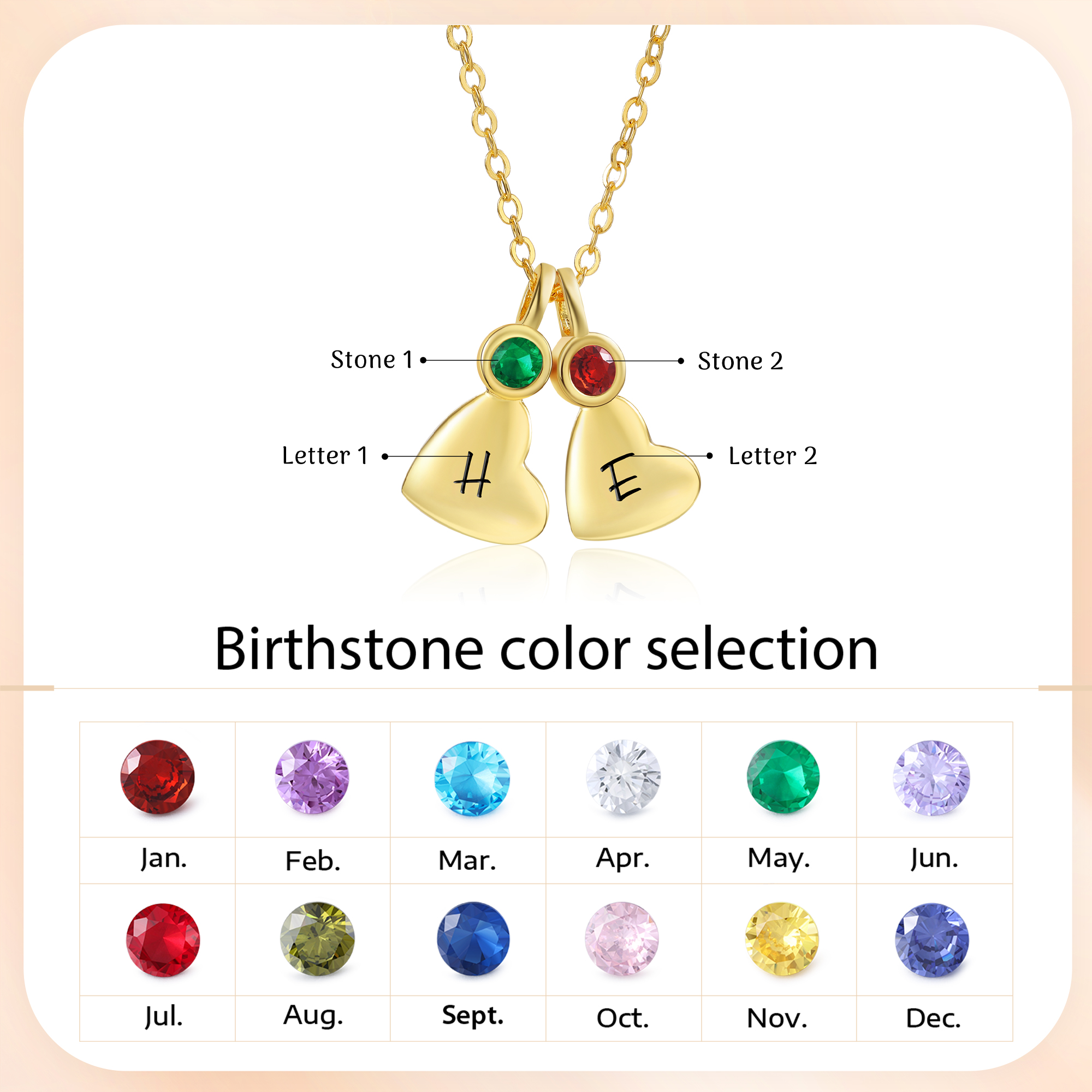Personalised Heart Pendant Necklace Custom 2 Letters & 2 Birthstones Necklace Gifts for Her-Jessemade AU