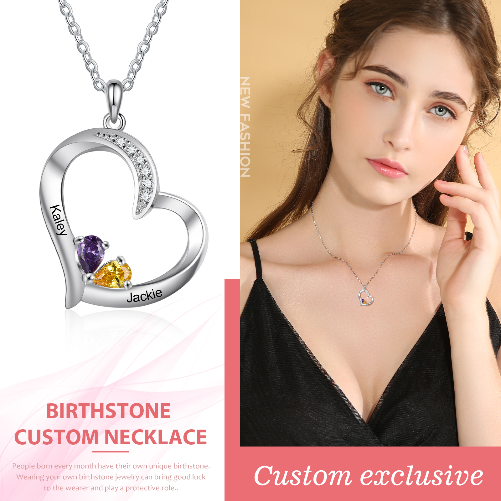 Personalised Heart Necklace With 2 Birthstones Engraved Names Gift For Her-Jessemade AU