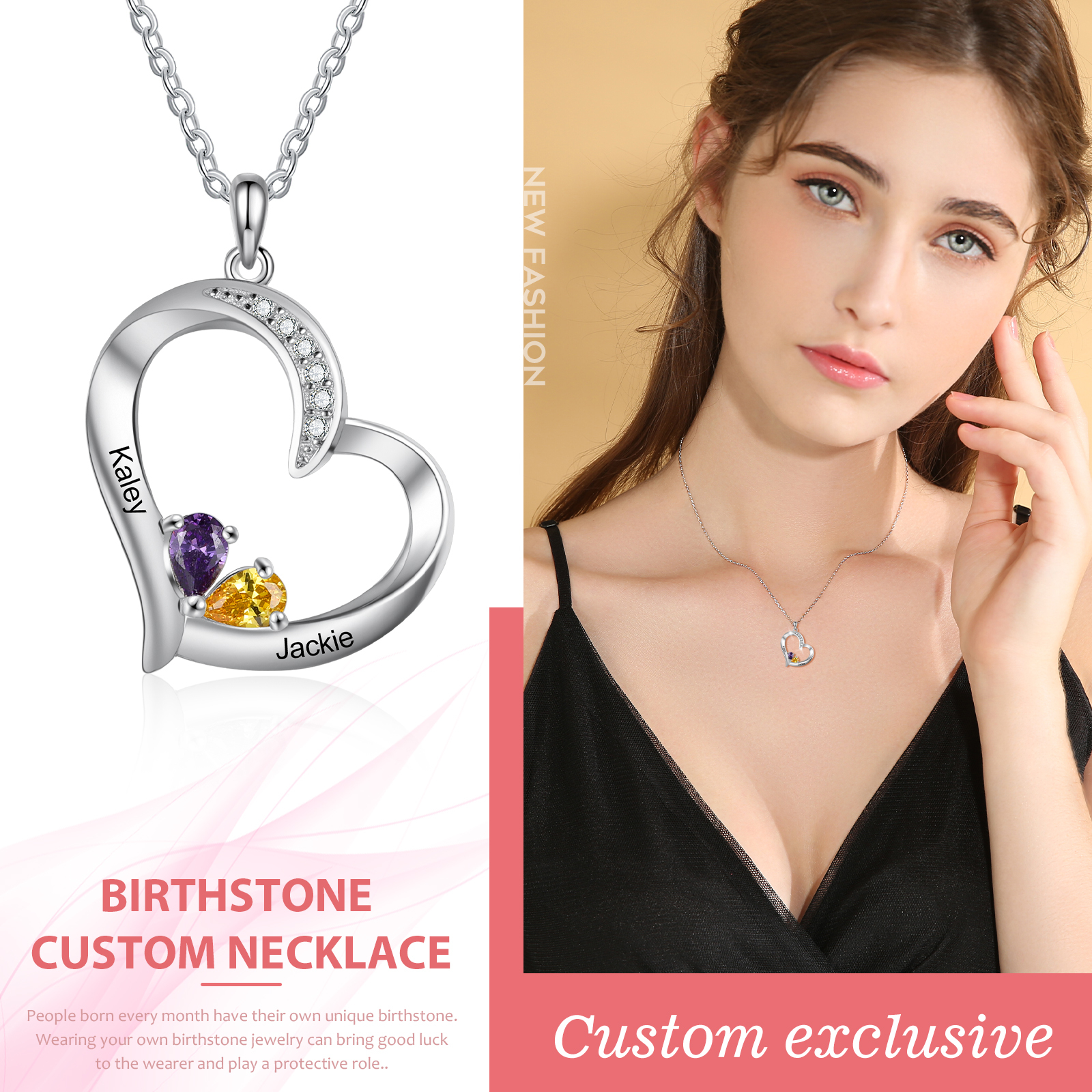 Personalised Heart Necklace With 2 Birthstones Engraved Names Gift For Her-Jessemade AU