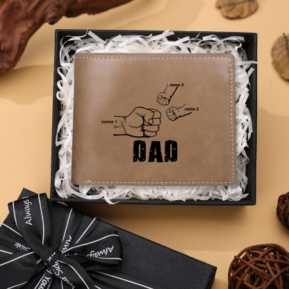 Personalised Leather Mens Wallet Engraved 3 Names Fist Bump Folding Wallet Father's Day Gifts-Jessemade AU