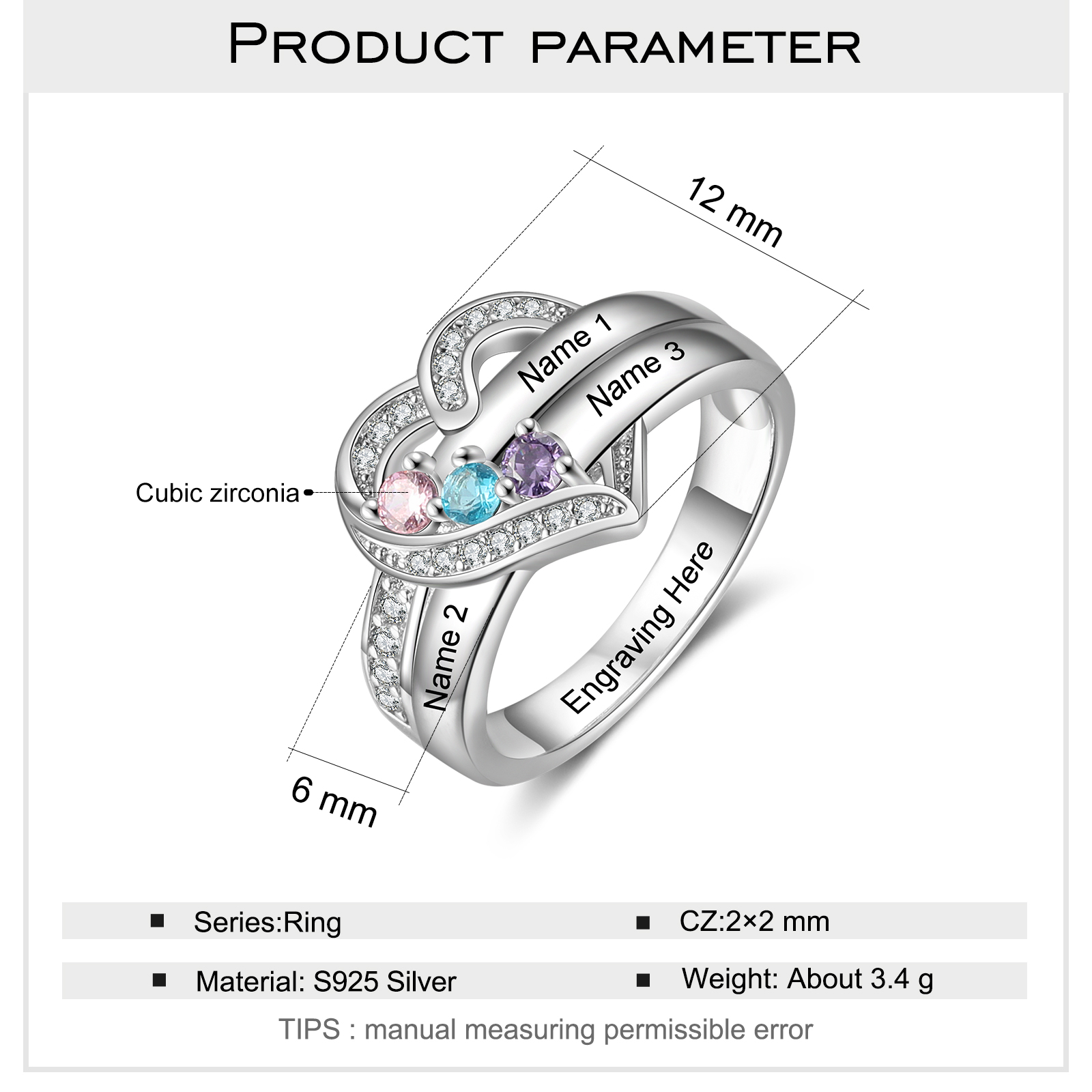 S925 Silver Personalised Mother Ring with 3 Birthstones Heart Family Ring-Jessemade AU