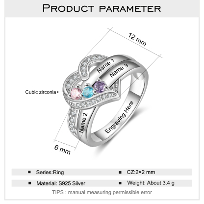 S925 Silver Personalised Mother Ring with 3 Birthstones Heart Family Ring-Jessemade AU