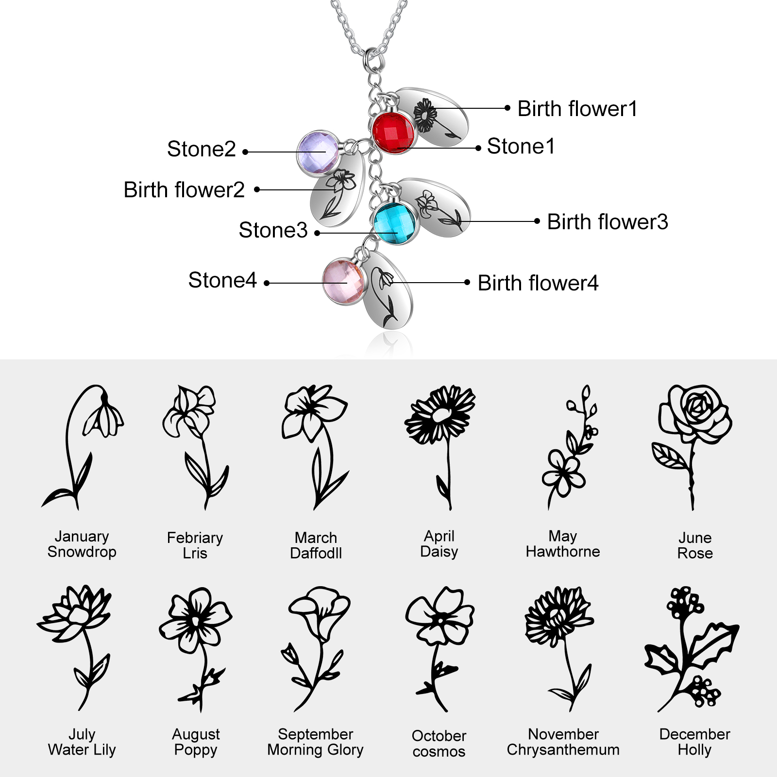 Personalised BirthFlowers Necklace With 4 Birthstones Best Gift For Women-Jessemade AU