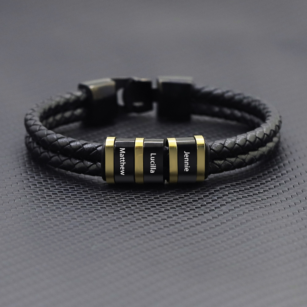 Personalised Braided Leather Bracelet Engraved 3 Names Men's Bracelet Gifts For Him