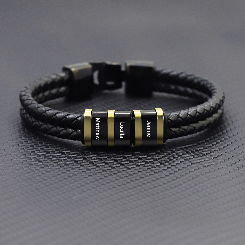 Personalised Braided Leather Bracelet Engraved 3 Names Men's Bracelet Gifts For Him-Jessemade AU