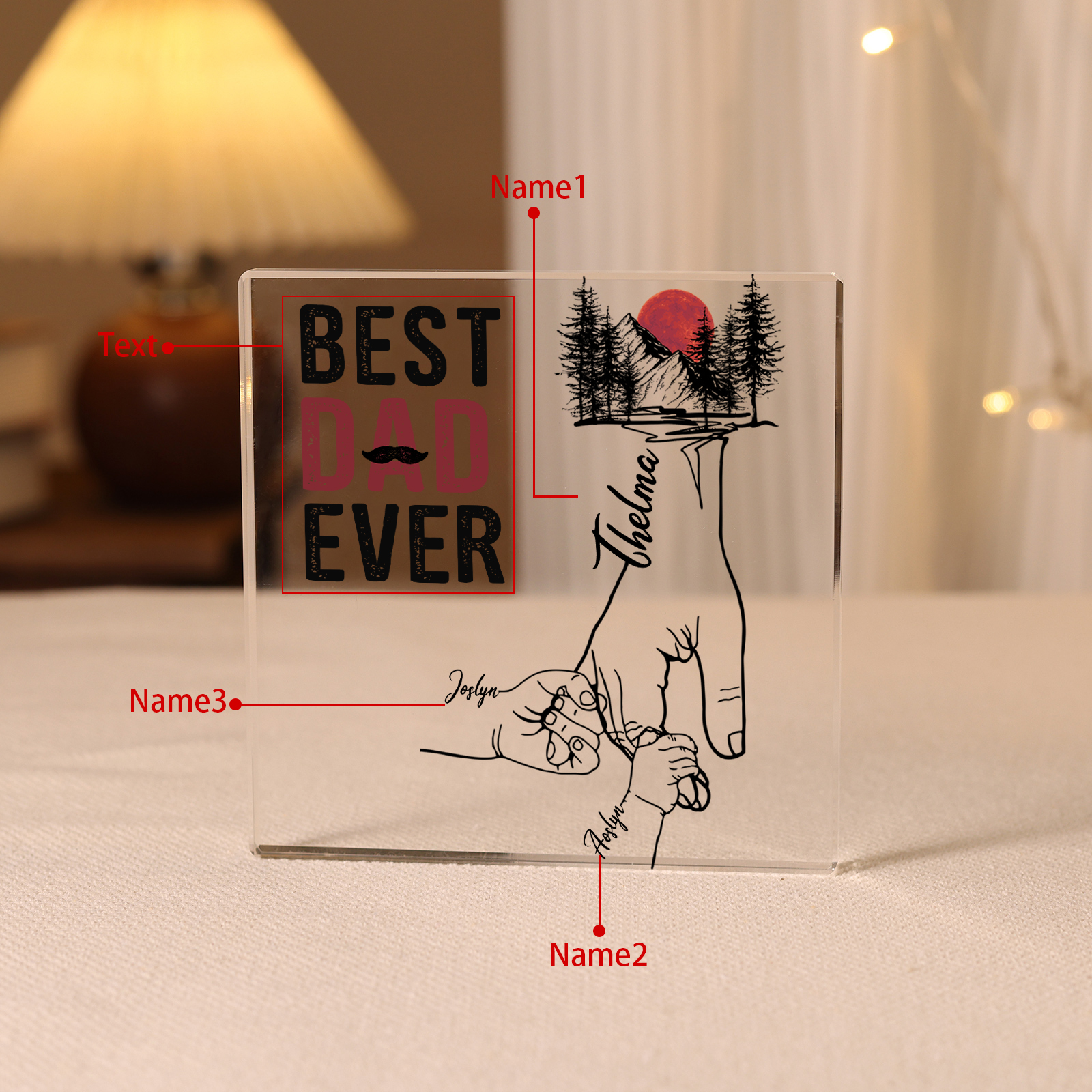 Personalised 3 Names & 1 Text Acrylic Square Keepsake Holding Hands Family Rectangle Plaque Gifts for Dad/Grandpa-Jessemade AU